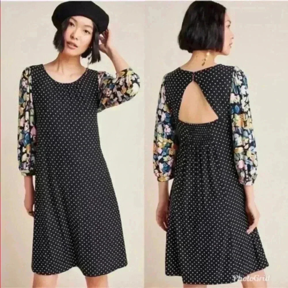 Anthropologie Mauve Polka Dot Floral Dress Sz S